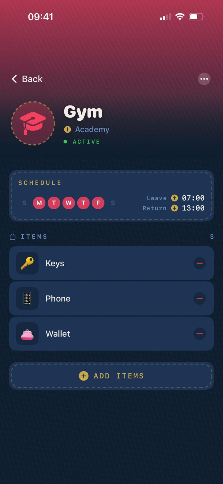 Pockets — pocket detail with schedule and items