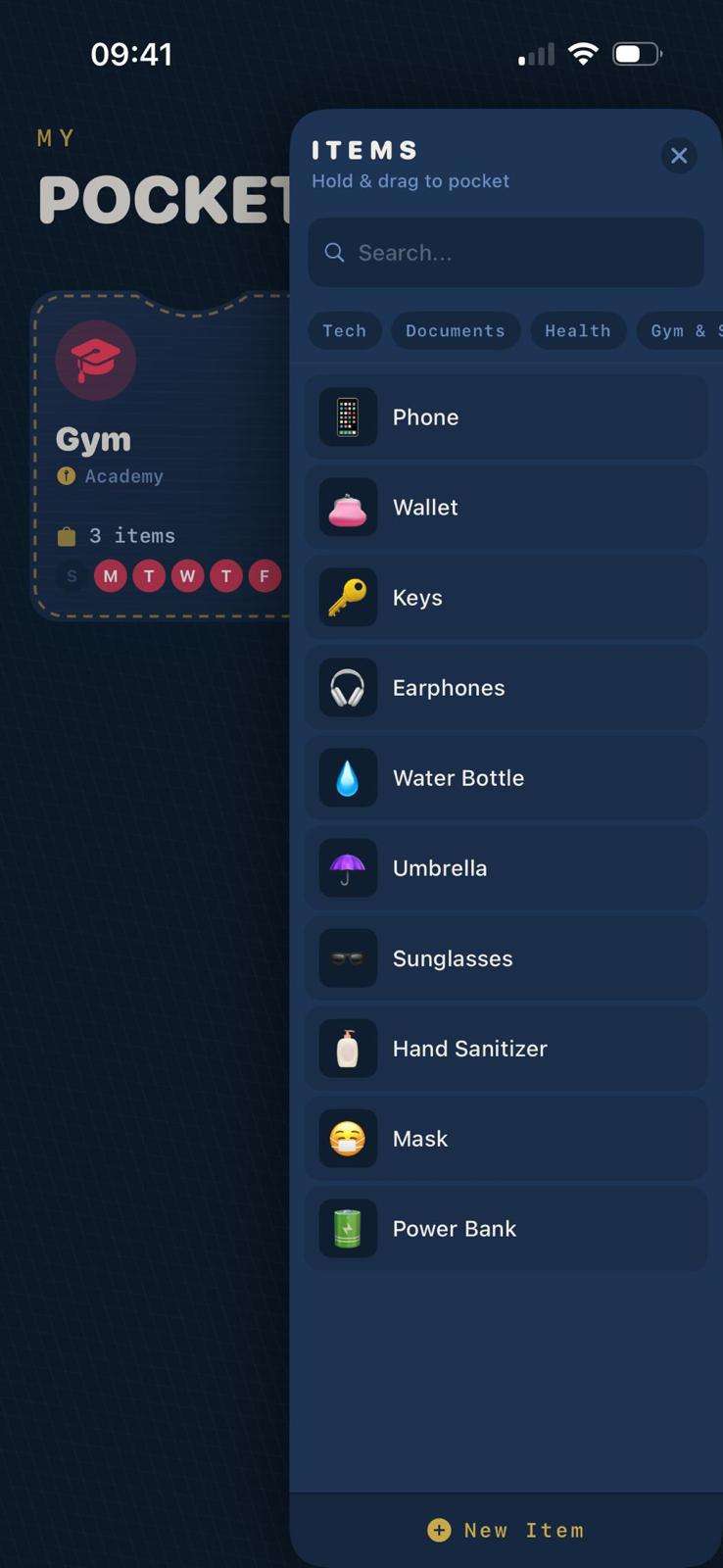 Pockets — drag-and-drop item library
